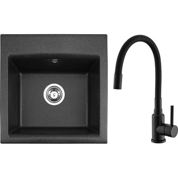 ALVEUS SETA23193 - Fregadero de cocina ATROX 50x50 cm + grifo de cocina con caño flexible MINTAS 34 cm granito/negro mate