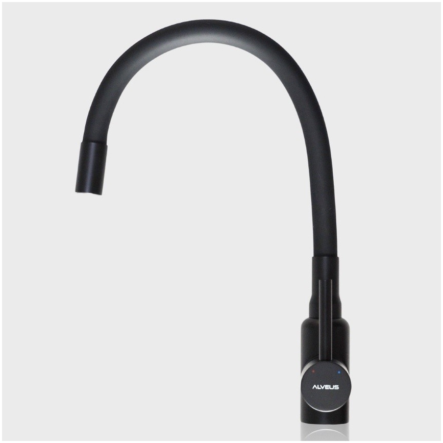 ALVEUS SETA23193 - Fregadero de cocina ATROX 50x50 cm + grifo de cocina con caño flexible MINTAS 34 cm granito/negro mate