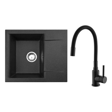 ALVEUS SETA23197 - Fregadero de cocina CADIT 59x50 cm + grifo para fregadero MINTAS 34 cm con caño flexible, acabado granito/negro mate