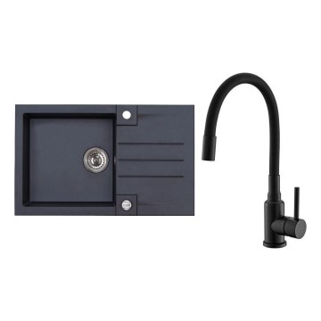 ALVEUS SETA23201 - Fregadero de cocina ROCK 78x48 cm + grifo para fregadero con caño flexible MINTAS 34 cm granito/negro mate