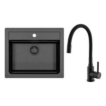 ALVEUS SETA23228 - Fregadero de cocina ATROX 59 x 50 cm + grifo para fregadero con caño flexible MINTAS 34 cm granito/negro mate
