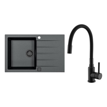 ALVEUS SETA23231 - Fregadero de cocina CADIT 79x50 cm + grifo de cocina con caño flexible MINTAS 34 cm granito/negro mate