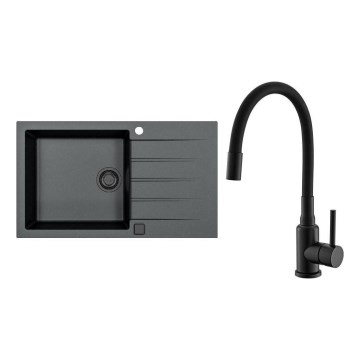 ALVEUS SETA23232 - Fregadero de cocina CADIT 86x50 cm + grifo de cocina con caño flexible MINTAS 34 cm granito/negro mate