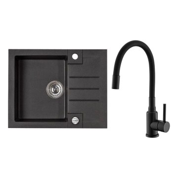 ALVEUS SETA23236 - Fregadero de cocina ROCK 59,5x47,5 cm + grifo para fregadero con caño flexible MINTAS 34 cm granito/mate negro