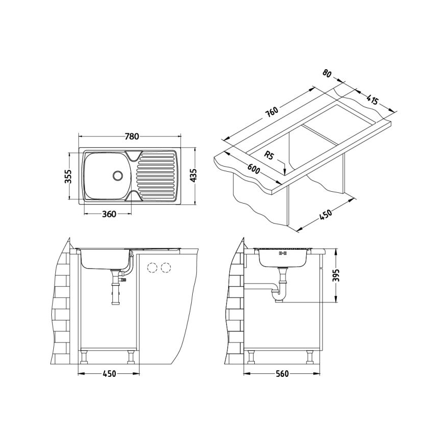 ALVEUS SETA259 - Fregadero de cocina BASIC 78x43,5 cm + grifo para fregadero RIVIERA 14,8 cm, acabado satinado/cromo brillante