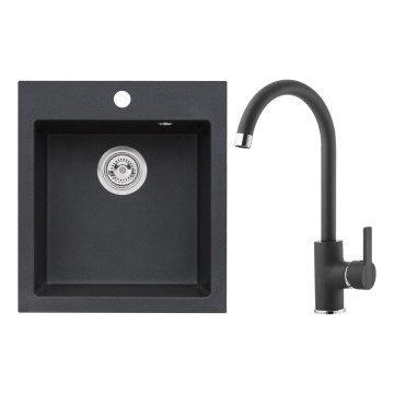ALVEUS SETA737 - Fregadero de cocina CORTINA 50x45 cm + grifo para fregadero con caño flexible TONIA 29,5 cm granito/negro mate