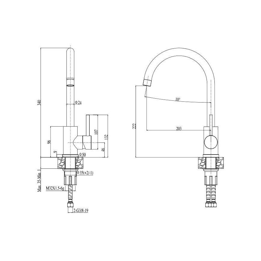 ALVEUS SETA737 - Fregadero de cocina CORTINA 50x45 cm + grifo para fregadero con caño flexible TONIA 29,5 cm granito/negro mate