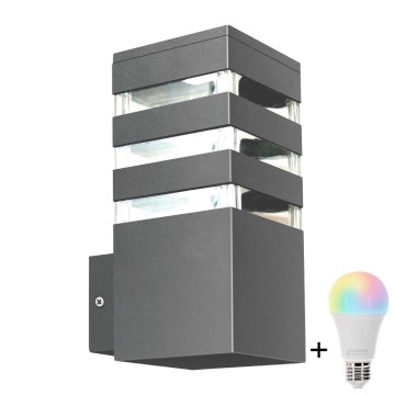 Aplique de pared exterior LED RGBW regulable TEKSAS 1xE27/9W/230V 2700-6500K Wi-Fi IP44 antracita