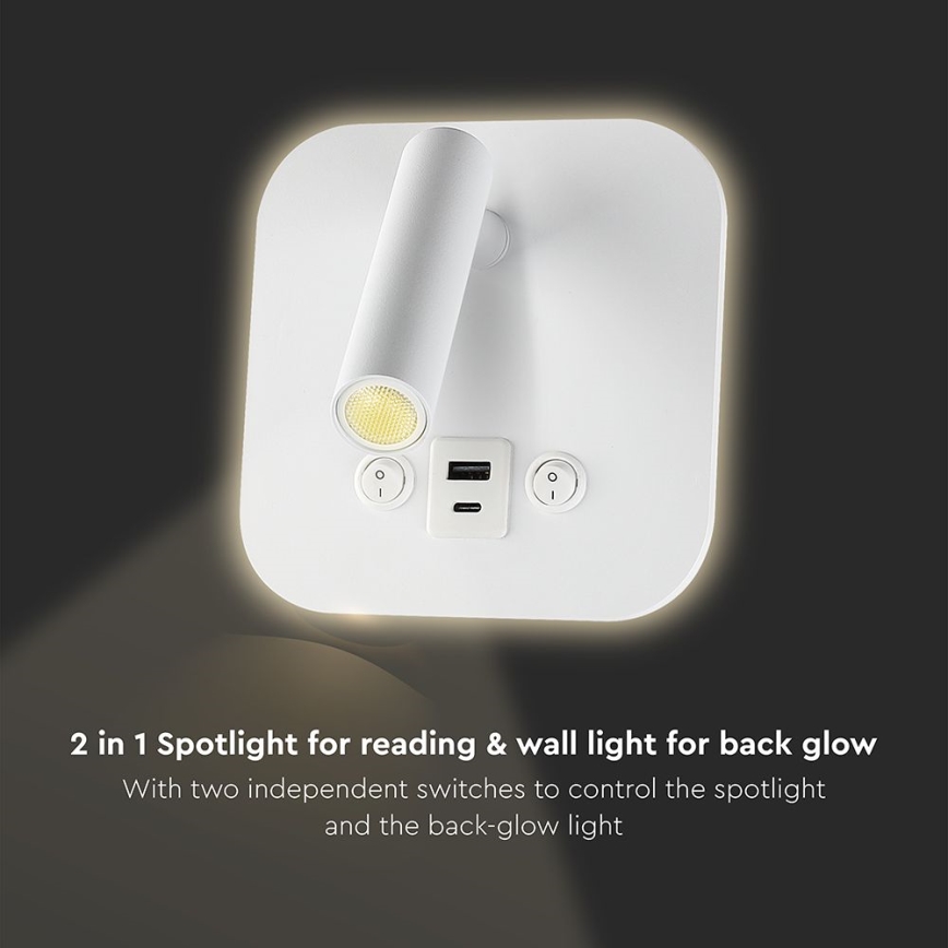 Aplique de pared LED con puerto USB, 8W/230V, 3000K, blanco