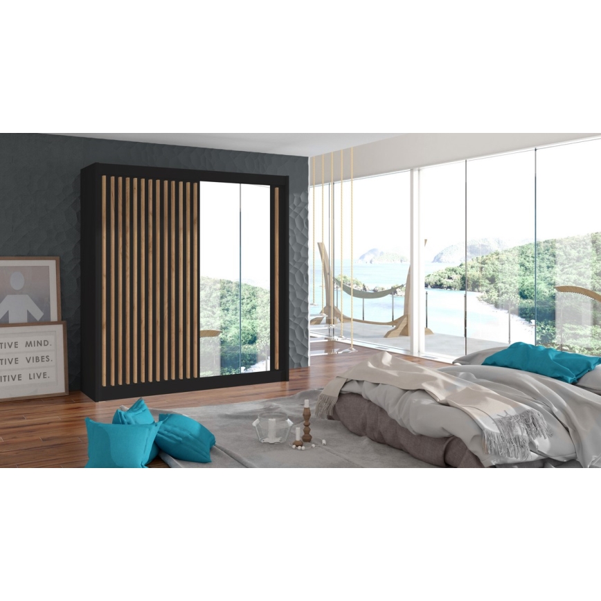 Armario con espejo SANTINO 203x215x61 cm negro/roble craft