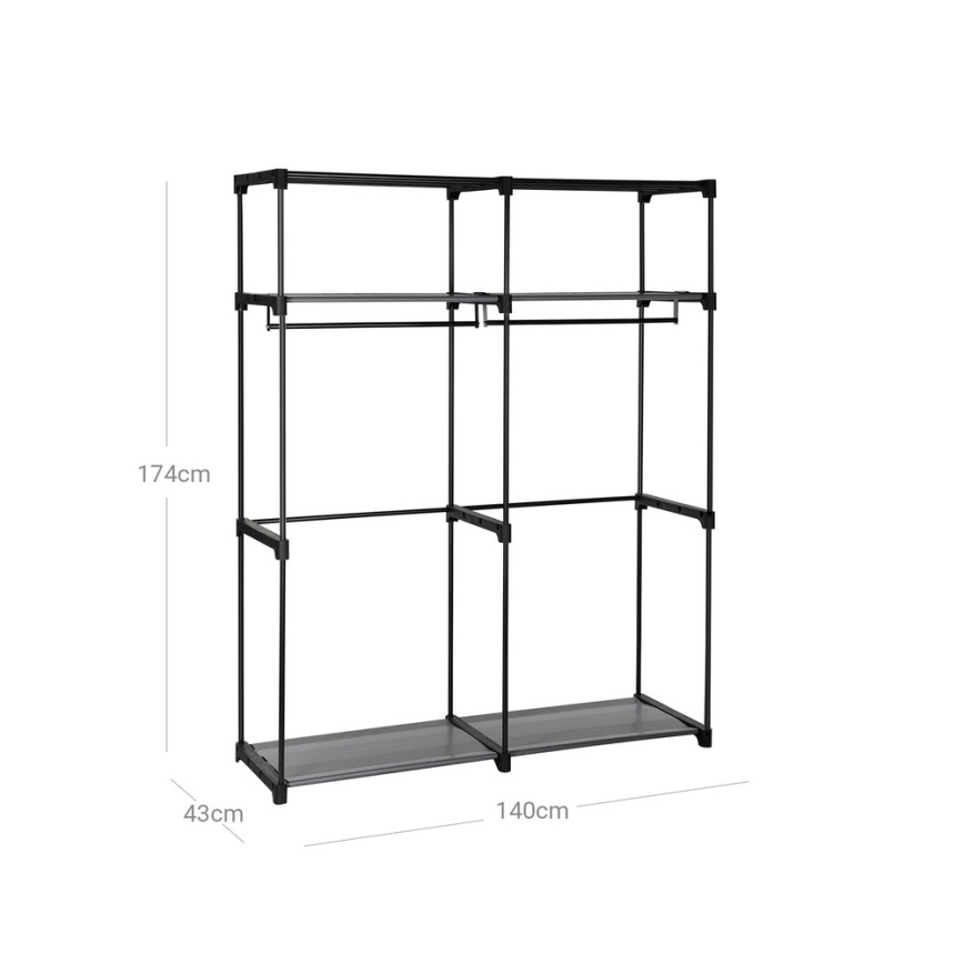 Armario de tela para almacenamiento MATIS 140x174 cm, negro, con estantes y barra para colgar