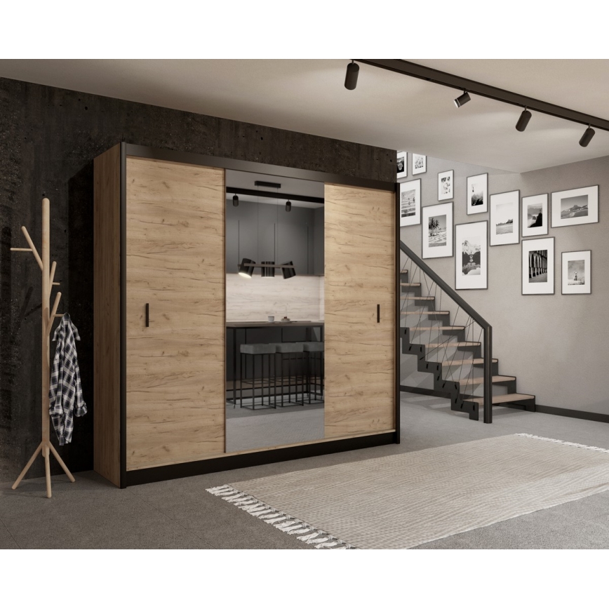Armario con espejo MIRO 250x215 cm roble craft/negro