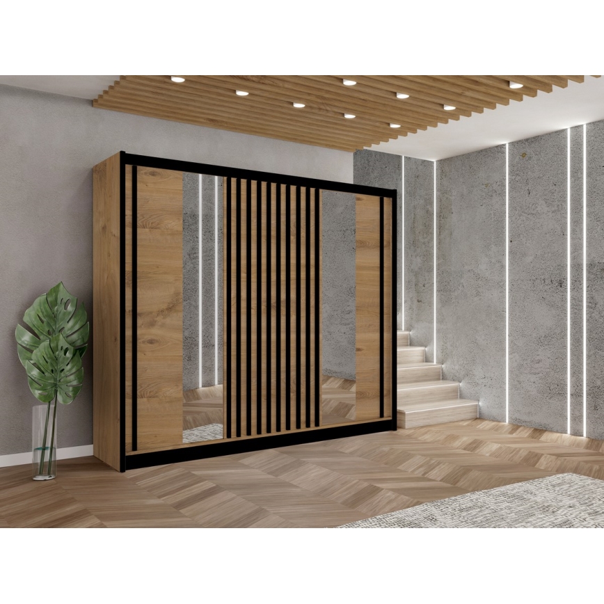 Armario ropero con espejo SANTINO 250x215 cm roble craft/negro