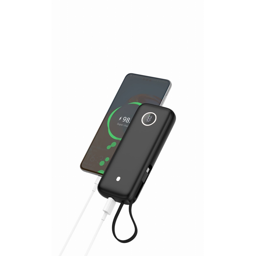 Batería externa 20000 mAh, 1x USB-A + 2x USB-C, con cable USB de 1 m, negra