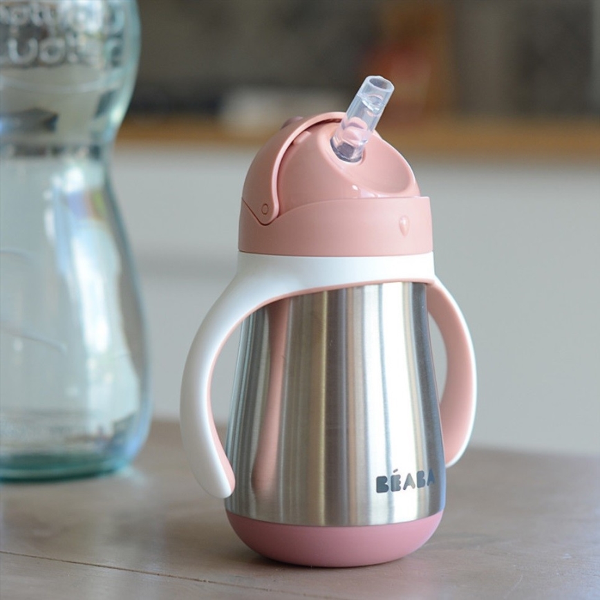Beaba - Taza termoaislante con pajita 250 ml rosa