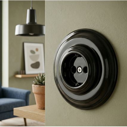 Bohemia-Design - Enchufe mural retro de porcelana con embellecedor SCHUKO 250V/16A negro