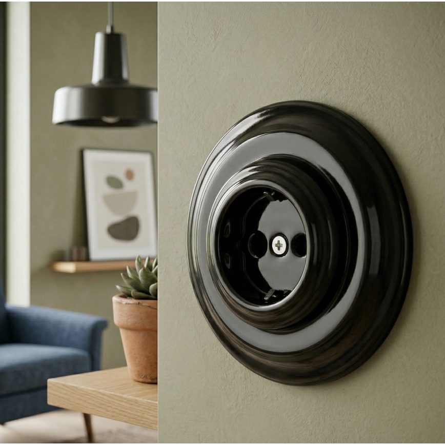 Bohemia-Design - Enchufe mural retro de porcelana con embellecedor SCHUKO 250V/16A negro