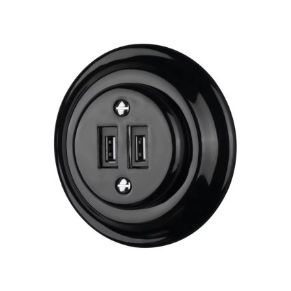 Bohemia-Design - Enchufe retro de porcelana con marco, 2 puertos USB-A, negro