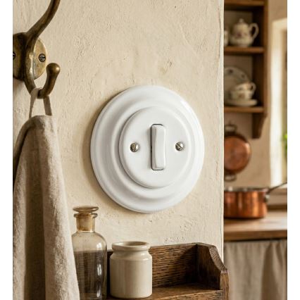 Bohemia-Design - Interruptor retro de porcelana, sencillo con marco para timbre, blanco