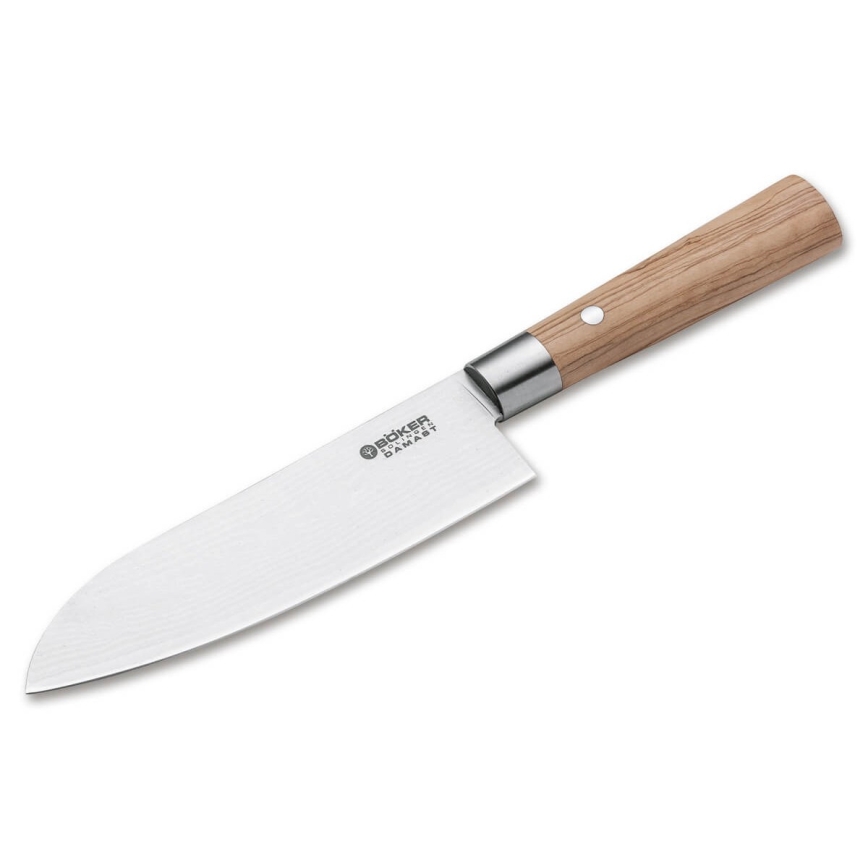 Böker - Cuchillo de cocina santoku de damasco DAMAST OLIVE 17,2 cm madera de olivo