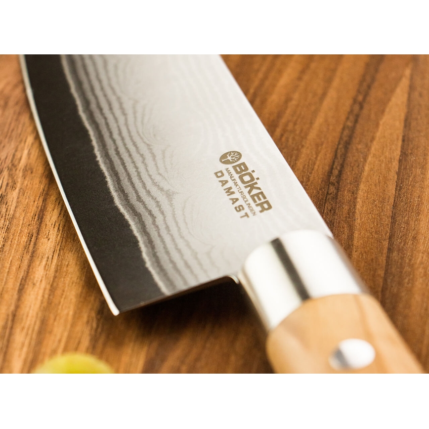 Böker - Cuchillo de cocina santoku de damasco DAMAST OLIVE 17,2 cm madera de olivo