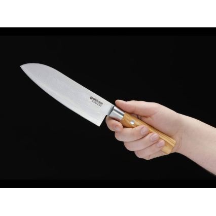 Böker - Cuchillo de cocina santoku de damasco DAMAST OLIVE 17,2 cm madera de olivo