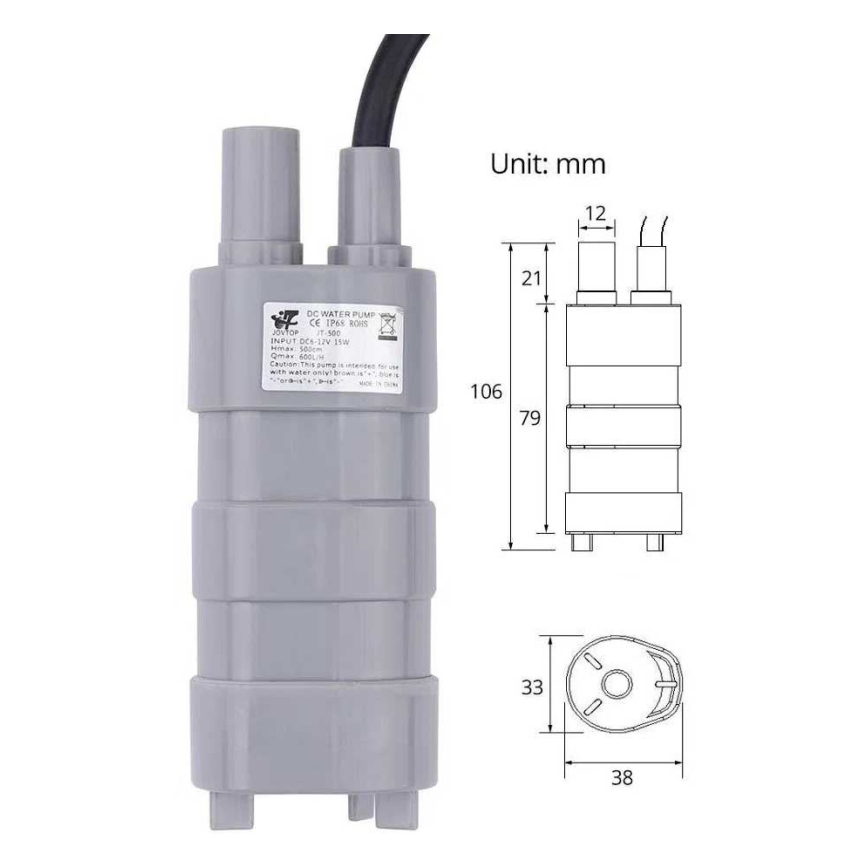Bomba sumergible 12 V, caudal 600 l/h