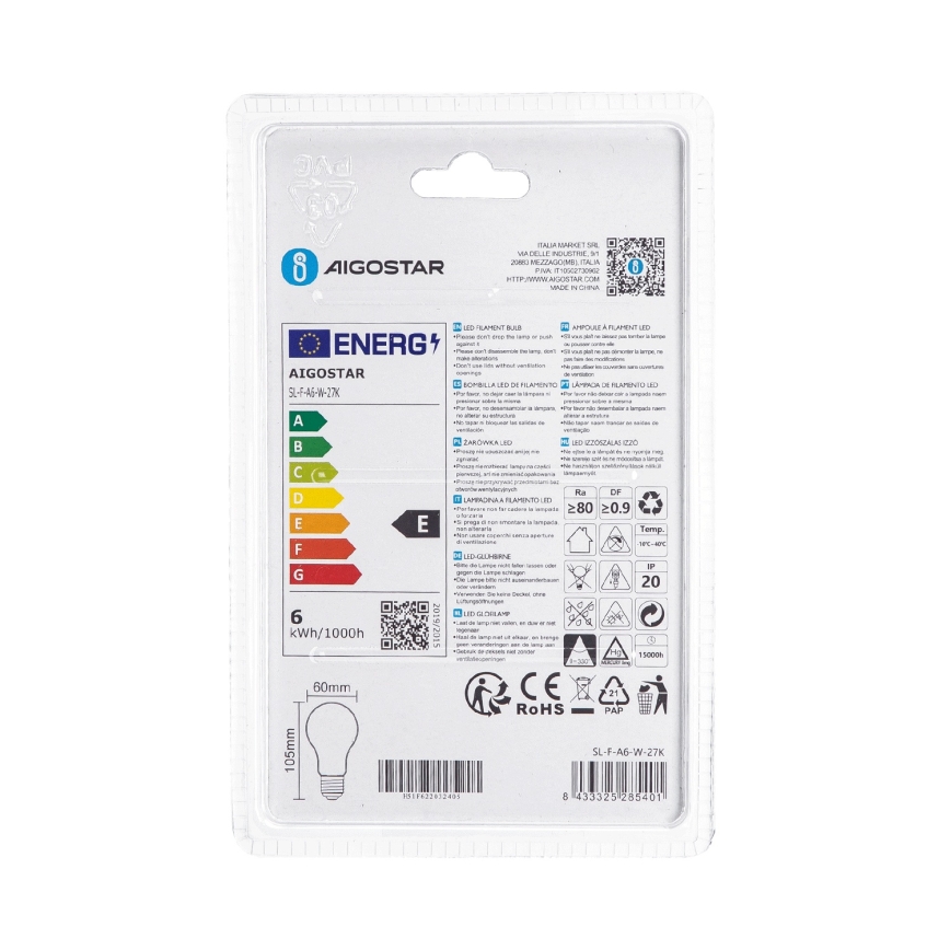 Bombilla LED A60 E27/6W/230V 330° 2700K - Aigostar