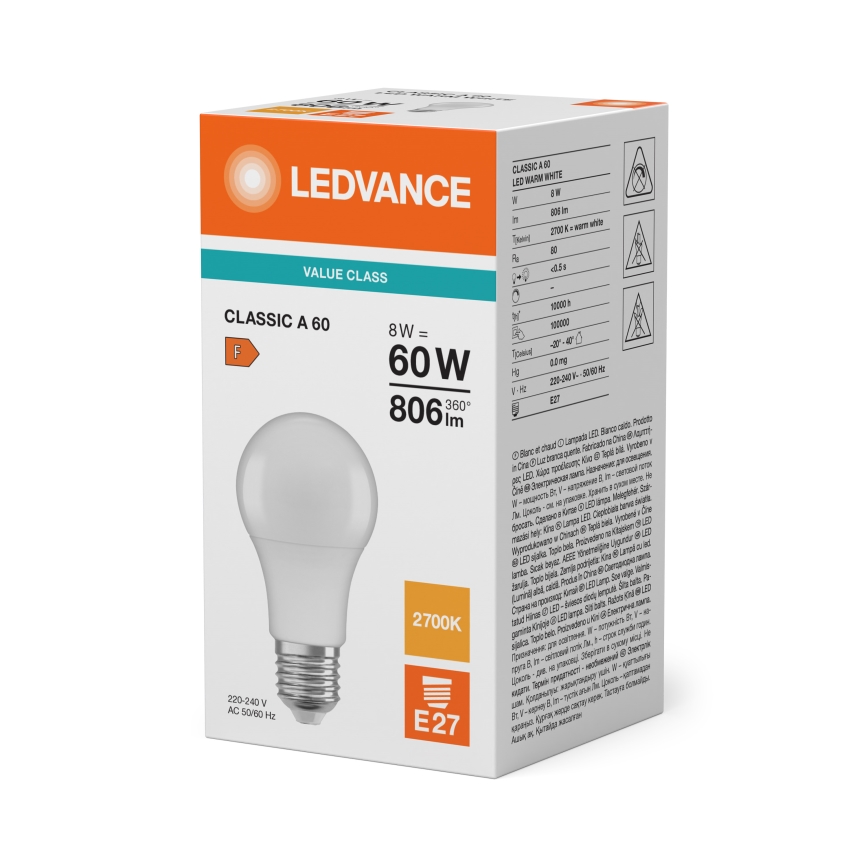 Bombilla LED CLASSIC A60 E27/8W/230V 2700K - Ledvance