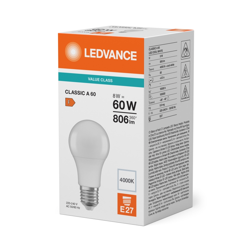 Bombilla LED CLASSIC A60 E27/8W/230V 4000K - Ledvance