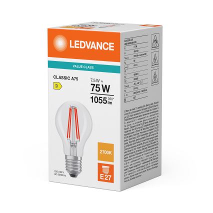Bombilla LED CLASSIC FILAMENT A60 E27/7,5W/230V 2700K - Ledvance