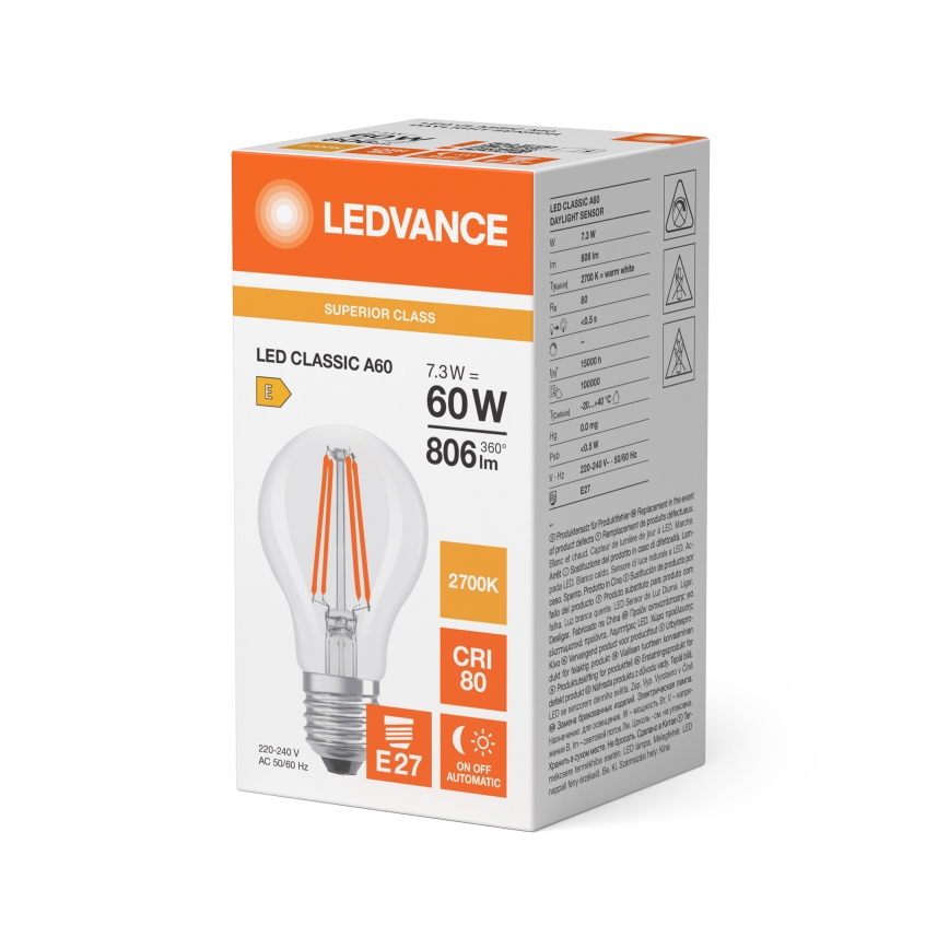 Bombilla LED con sensor crepuscular CLASSIC FILAMENT A60 E27/7,3W/230V 2700K - Osram