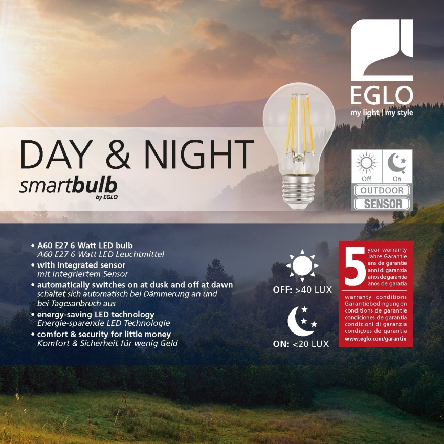 Bombilla LED con sensor crepuscular VINTAGE A60 E27/6W/230V 3000K - Eglo 11886