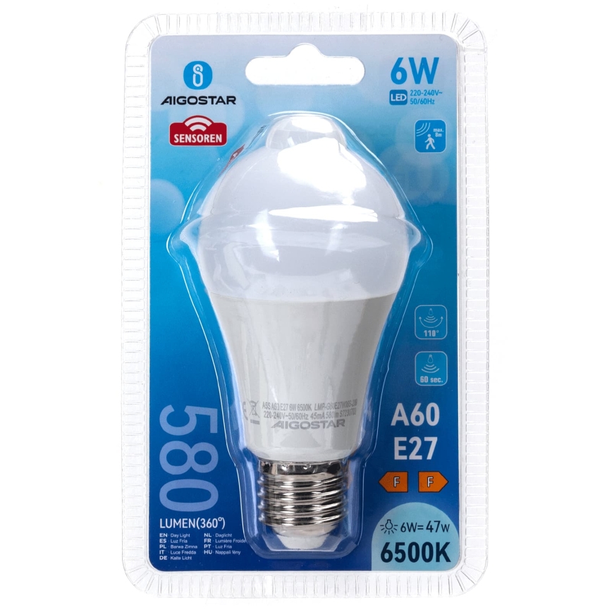 Bombilla LED con sensor de movimiento y sensor crepuscular A60 E27/6W/230V 6500K - Aigostar