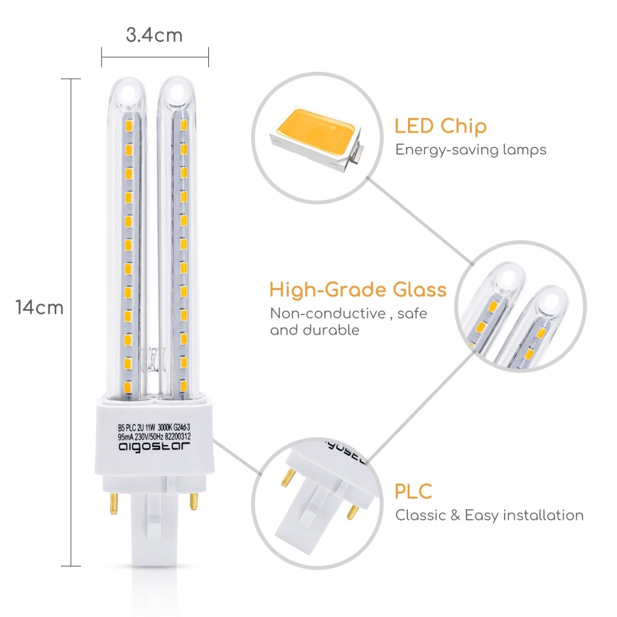 Bombilla LED G24D-3/11W/230V 3000K - Aigostar
