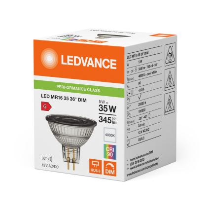 Bombilla LED reflectora regulable MR16 GU5,3/5W/12V 4000K 36° CRI 90 - Ledvance