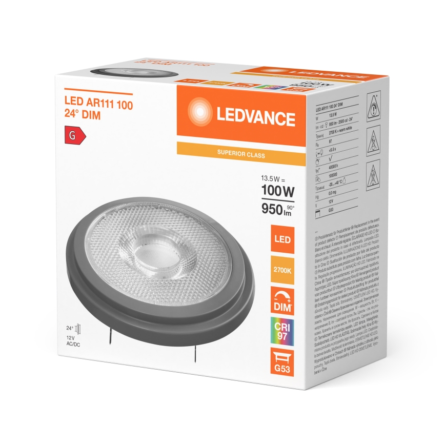 Bombilla LED regulable AR111 G53/13,5W/12V 2700K 24° CRI 97 - Ledvance