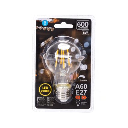 Bombilla LED regulable FILAMENT A60 E27/6W/230V 2700K - Aigostar