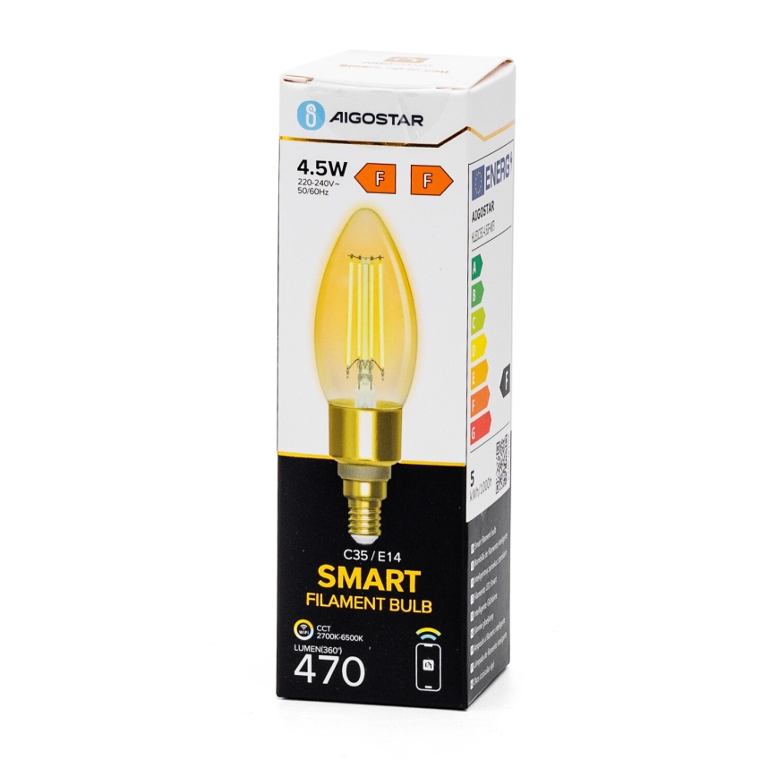 Bombilla LED regulable FILAMENT C35 E14/4,5W/230V 2700-6500K Wi-Fi - Aigostar