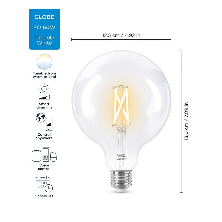 Bombilla LED regulable FILAMENT G125 E27/7W/230V 2700-6500K CRI 90 Wi-Fi - WiZ