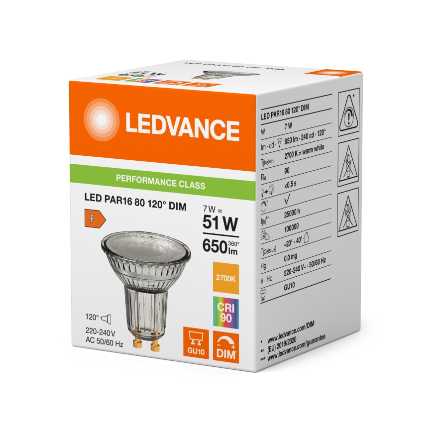 Bombilla reflectora LED regulable PAR16 GU10/7W/230V 2700K 120° CRI 90 - Ledvance