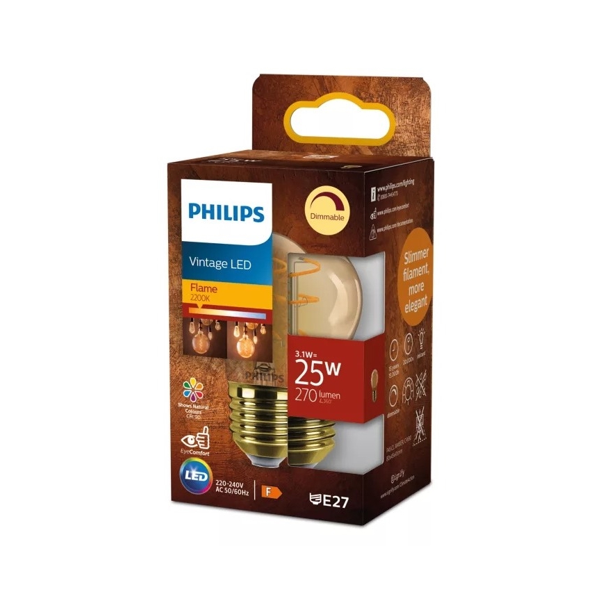 Bombilla LED regulable VINTAGE Philips P45 E27/3,1W/230V 2200K CRI 90