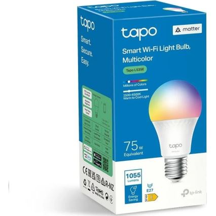 Bombilla LED RGBW regulable MATTER A60 E27/8,6W/230V 2500-6500K Wi-Fi - TP-Link