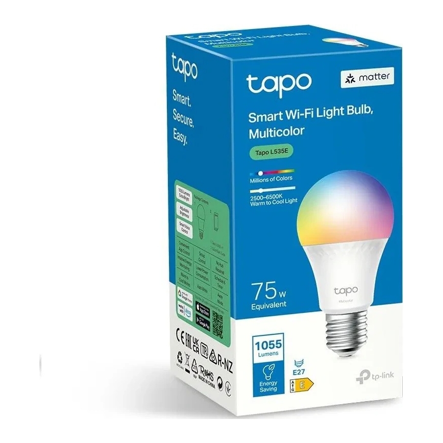 Bombilla LED RGBW regulable MATTER A60 E27/8,6W/230V 2500-6500K Wi-Fi - TP-Link