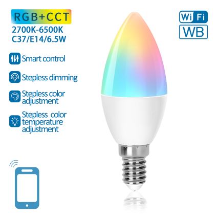 Bombilla LED RGBW regulable C37 E14/6,5W/230V 2700-6500K Wi-Fi - Aigostar