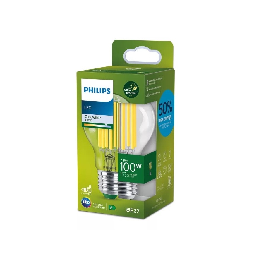 Bombilla LED ULTRAEFFICIENT FILAMENT Philips A60 E27/7,3W/230V 4000K