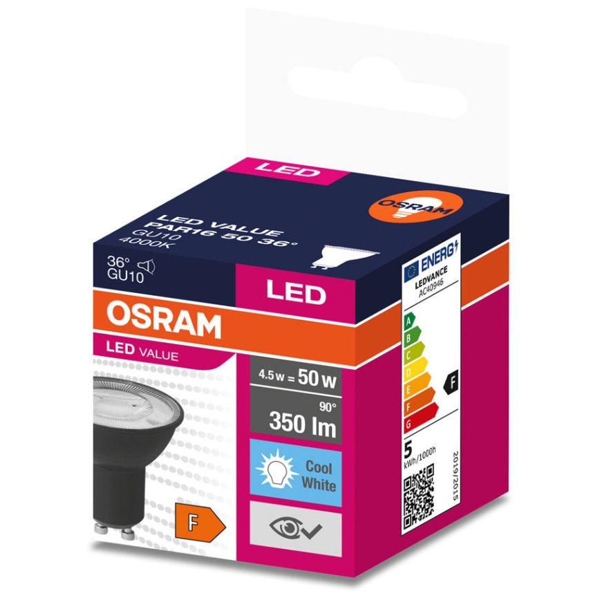 Bombilla LED VALUE PAR16 GU10/4,5W/230V 6500K 36° negro - Osram