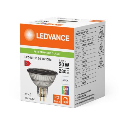 Bombilla reflectora LED MR16 regulable GU5,3/3,4W/12V 4000K 36° IRC 90 - Ledvance
