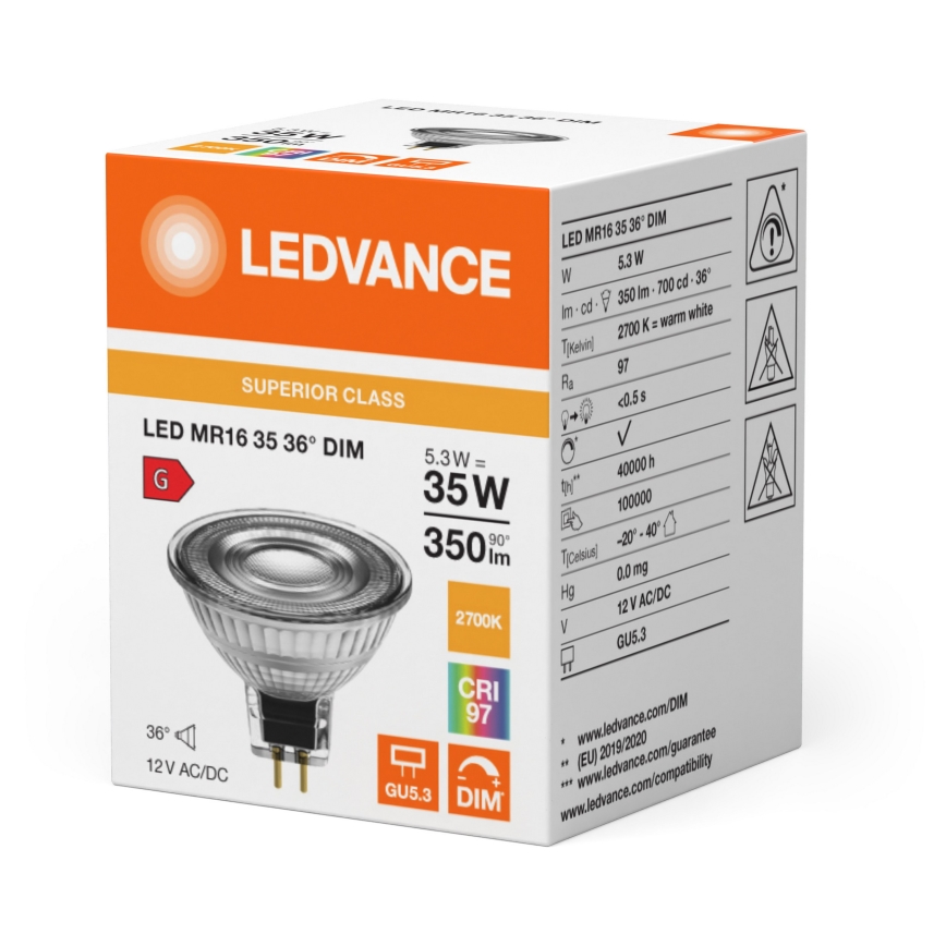 Bombilla reflectora LED regulable MR16 GU5,3/5,3W/12V 2700K 36° CRI 97 - Ledvance
