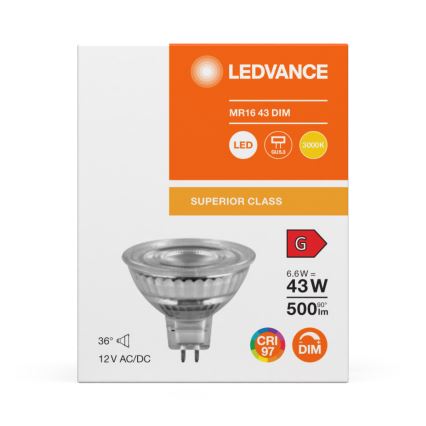 Bombilla LED reflectora regulable MR16, casquillo GU5,3, 6,6W/12V, 3000K, 36° CRI 97 - Ledvance